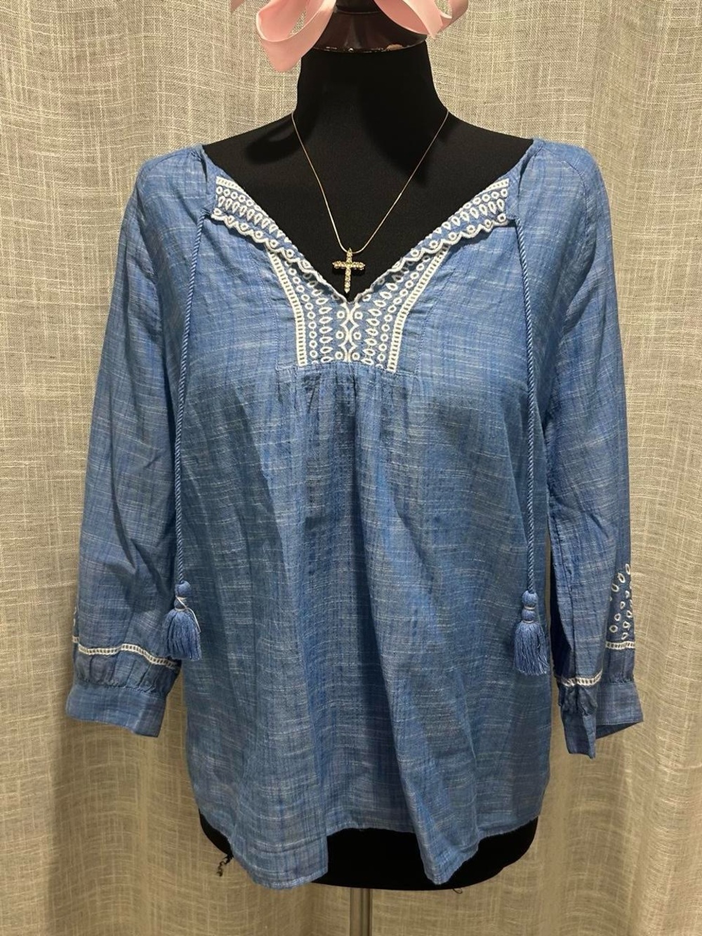 Blue Embroidered V-Neck Peasant Blouse
